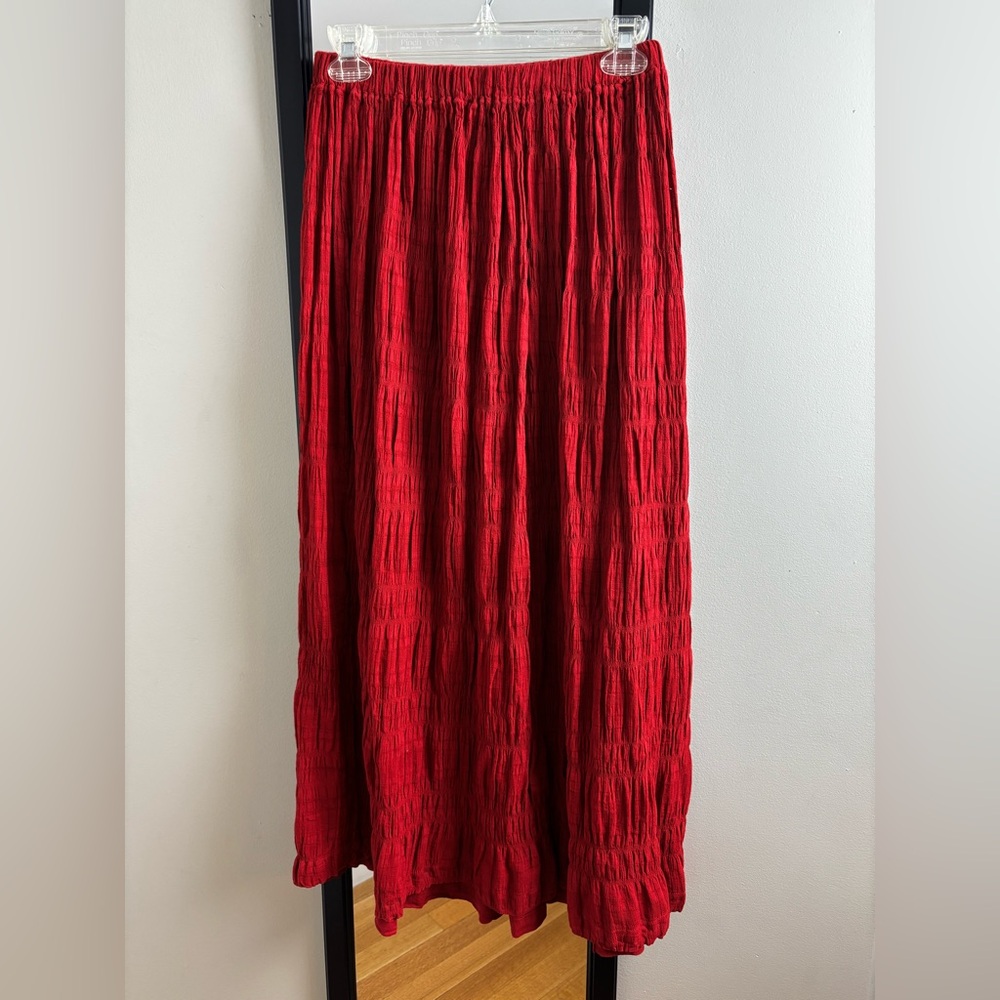 Bohemian cottage core cotton red crinkle midi skirt with elastic waistband